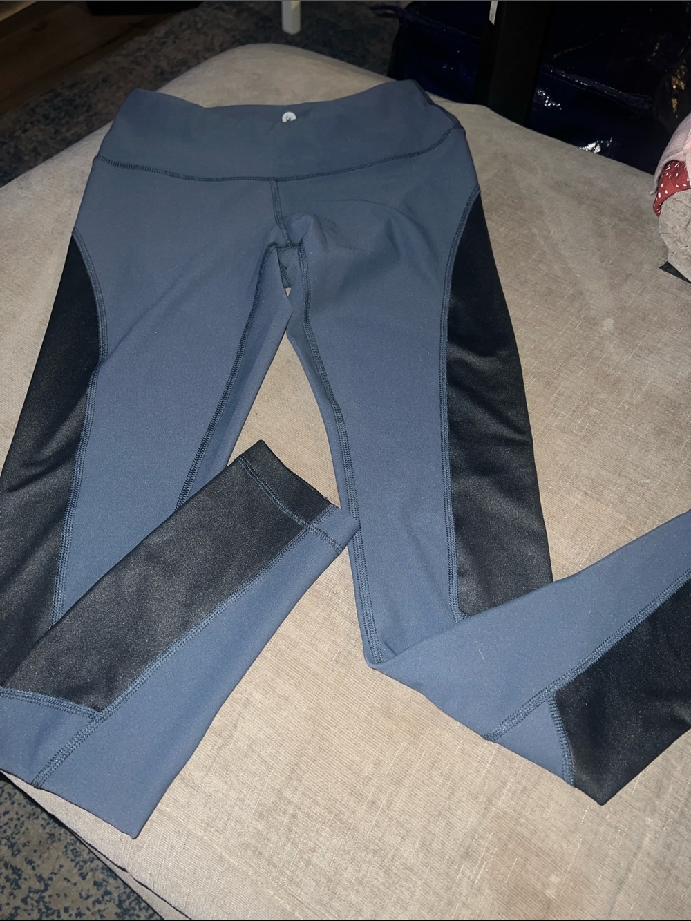Charcoal Blue Athletic Leggings with Black Side Panels